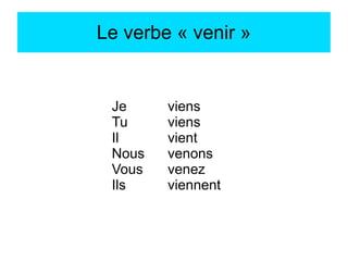 Le verbe « venir »

Je
Tu
Il
Nous
Vous
Ils

viens
viens
vient
venons
venez
viennent

 