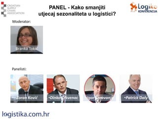 Moderator:
Zoran Ković •Dinko Crkvenac •Igor Šaravanja •Patrick Daly
Branka Tokić
PANEL - Kako smanjiti
utjecaj sezonaliteta u logistici?
Panelisti:
 
