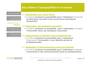 Des critères d’acceptabilité en 4 niveaux
  Introduction
               • 1. Assimilation aux savoir faires
  Nouvel usage    • 5 critères évaluent la possibilité pour l’utilisateur d’assimiler
   Expérience       la technique nouvelle à ses savoir-faire techniques
                    coutumiers.
Méthode Cautic®
       Théorie
                • 2. Association aux pratiques courantes
Méthode Cautic®    • 5 critères évaluent la possibilité pour l’utilisateur d’intégrer
   Application       l’innovation dans ses pratiques courantes.
   Elaboration
     de concept   • 3. Appropriation à l’identité socio professionnelle
                     • 5 critères évaluent la possibilité pour l’utilisateur
                       d’approprier l’innovation à son identité privée et
                       professionnelle.

                  • 4. Adaptation à l’environnement et de son évolution
                     • 4 critères évaluent la possibilité pour l’utilisateur d’adapter
                       l’innovation à son environnement privé ou professionnel.


                            Sensibilisation aux approches Usages                                 page 18
                                   Copyright Ixiade – document à usage personnel exclusivement
 