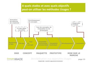 A quels stades et avec quels objectifs
                   peut-on utiliser les méthodes Usages ?


 Animation                   Enrichissement
 de séances                  de concepts
 de créativité                                                                                               Diagnostic
                                                                                                             d’usage
                                      Test de concepts, de
            Tri des idées               maquettes ou de
             nouvelles                     prototypes




                              Test        Faisabilité
Recherche
              Filtrage      de           Economique                  Faisabilité                 Développement   Lancement
d’idée
                            concept      commerciale                 technique




      IDEE          CONCEPT           MAQUETTE                      PROTOTYPE                          MISE SUR LE
                                                                                                         MARCHE

                                Sensibilisation aux approches Usages                                                page 13
                                         Copyright Ixiade – document à usage personnel exclusivement
 