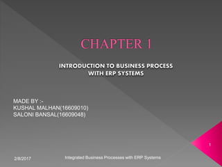 2/8/2017 Integrated Business Processes with ERP Systems
1
MADE BY :-
KUSHAL MALHAN(16609010)
SALONI BANSAL(16609048)
 