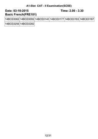 A1-Slot CAT - II Examination(SCSE)
Date: 03-10-2015 Time: 2.00 - 3.30
Basic French(FRE101)
14BCE0062 14BCE0092 14BCE0140 14BCE0177 14BCE0183 14BCE0187
14BCE0256 14BCE0282
12/31
 