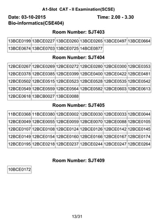 A1-Slot CAT - II Examination(SCSE)
Date: 03-10-2015 Time: 2.00 - 3.30
Bio-informatics(CSE404)
Room Number: SJT403
13BCE0199 13BCE0227 13BCE0260 13BCE0265 13BCE0497 13BCE0664
13BCE0674 13BCE0703 13BCE0725 14BCE0877
Room Number: SJT404
12BCE0267 12BCE0269 12BCE0272 12BCE0280 12BCE0300 12BCE0353
12BCE0378 12BCE0385 12BCE0399 12BCE0400 12BCE0422 12BCE0481
12BCE0502 12BCE0515 12BCE0523 12BCE0528 12BCE0535 12BCE0542
12BCE0549 12BCE0559 12BCE0564 12BCE0582 12BCE0603 12BCE0613
12BCE0618 13BCB0027 13BCE0088
Room Number: SJT405
11BCE0368 11BCE0380 12BCE0002 12BCE0030 12BCE0033 12BCE0044
12BCE0049 12BCE0055 12BCE0059 12BCE0070 12BCE0088 12BCE0105
12BCE0107 12BCE0108 12BCE0124 12BCE0126 12BCE0142 12BCE0145
12BCE0149 12BCE0154 12BCE0160 12BCE0166 12BCE0167 12BCE0174
12BCE0195 12BCE0218 12BCE0237 12BCE0244 12BCE0247 12BCE0264
Room Number: SJT409
10BCE0172
13/31
 