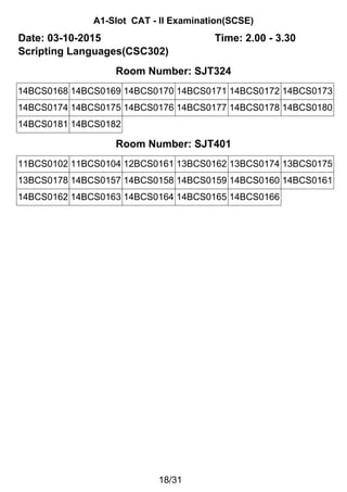A1-Slot CAT - II Examination(SCSE)
Date: 03-10-2015 Time: 2.00 - 3.30
Scripting Languages(CSC302)
Room Number: SJT324
14BCS0168 14BCS0169 14BCS0170 14BCS0171 14BCS0172 14BCS0173
14BCS0174 14BCS0175 14BCS0176 14BCS0177 14BCS0178 14BCS0180
14BCS0181 14BCS0182
Room Number: SJT401
11BCS0102 11BCS0104 12BCS0161 13BCS0162 13BCS0174 13BCS0175
13BCS0178 14BCS0157 14BCS0158 14BCS0159 14BCS0160 14BCS0161
14BCS0162 14BCS0163 14BCS0164 14BCS0165 14BCS0166
18/31
 