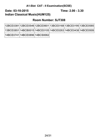 A1-Slot CAT - II Examination(SCSE)
Date: 03-10-2015 Time: 2.00 - 3.30
Indian Classical Music(HUM125)
Room Number: SJT308
12BCE0381 12BCE0546 12BCE0601 13BCE0168 13BCE0195 13BCE0585
13BCE0851 14BCB0015 14BCE0105 14BCE0263 14BCE0438 14BCE0509
14BCE0741 14BCE0896 14BCS0062
24/31
 