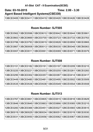 A1-Slot CAT - II Examination(SCSE)
Date: 03-10-2015 Time: 2.00 - 3.30
Agent Based Intelligent Systems(CSE330)
13BCE0400 13BCE0411 13BCE0419 13BCE0420 13BCE0426 13BCE0428
Room Number: SJT505
13BCE0562 13BCE0596 13BCE0610 13BCE0642 13BCE0644 13BCE0661
13BCE0663 13BCE0669 13BCE0700 13BCE0723 13BCE0733 13BCE0763
13BCE0786 13BCE0793 13BCE0819 13BCE0828 13BCE0859 13BCE0865
13BCE0867 13BCB0008 13BCB0013 13BCB0035 13BCB0048 13BCB0063
13BCE0007 13BCE0011 13BCE0061 13BCE0069 13BCE0071 13BCE0079
Room Number: SJT508
13BCE0151 13BCE0182 13BCE0191 13BCE0197 13BCE0209 13BCE0215
13BCE0220 13BCE0221 13BCE0253 13BCE0255 13BCE0261 13BCE0283
13BCE0290 13BCE0302 13BCE0357 13BCE0387 13BCE0414 13BCE0417
13BCE0449 13BCE0480 13BCE0481 13BCE0495 13BCE0502 13BCE0509
13BCE0535 13BCE0536 13BCE0538 13BCE0549 13BCE0554 13BCE0559
Room Number: SJT513
13BCE0767 13BCE0801 13BCE0805 13BCE0815 13BCE0818 13BCE0829
13BCE0846 13BCE0849 13BCE0863 13BCE0866 12BCE0085 12BCE0215
12BCE0283 12BCE0366 12BCE0451 12BCE0527 12BCE0565 12BCE0615
13BCB0019 13BCB0029 13BCB0034 13BCB0051 13BCE0019 13BCE0030
13BCE0031 13BCE0050 13BCE0056 13BCE0062 13BCE0067 13BCE0083
9/31
 