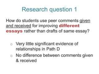 Research question 1
How do students use peer comments given
and received for improving different
essays rather than drafts...