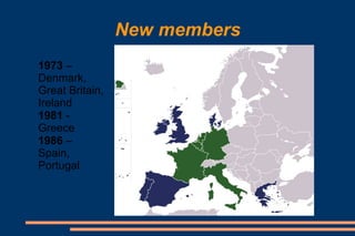 New members
1973 –
Denmark,
Great Britain,
Ireland
1981 -
Greece
1986 –
Spain,
Portugal
 