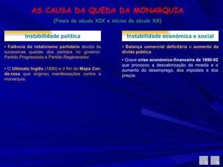 AS CAUSA DA QUEDA DA MONARQUIA (Finais do século XIX e inícios do século XX) Instabilidade política ▪  Falência do rotativismo partidário  devido às sucessivas quedas dos partidos no governo: Partido Progressista e Partido Regenerador.  ▪  O  Ultimato Inglês  (1890) e o fim do  Mapa Cor-de-rosa  que originou manifestações contra a monarquia. Instabilidade económica e social ▪  Balança comercial deficitária  e  aumento da dívida pública .  ▪  Grave  crise económico-financeira de 1890-92  que provocou a desvalorização da moeda e o aumento do desemprego, dos impostos e dos preços.  