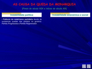 AS CAUSA DA QUEDA DA MONARQUIA (Finais do século XIX e inícios do século XX) Instabilidade política ▪  Falência do rotativismo partidário  devido às sucessivas quedas dos partidos no governo: Partido Progressista e Partido Regenerador.  Instabilidade económica e social 