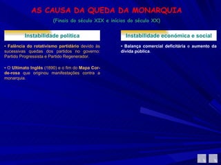 AS CAUSA DA QUEDA DA MONARQUIA (Finais do século XIX e inícios do século XX) Instabilidade política ▪  Falência do rotativismo partidário  devido às sucessivas quedas dos partidos no governo: Partido Progressista e Partido Regenerador.  ▪  O  Ultimato Inglês  (1890) e o fim do  Mapa Cor-de-rosa  que originou manifestações contra a monarquia. Instabilidade económica e social ▪  Balança comercial deficitária  e  aumento da dívida pública .  