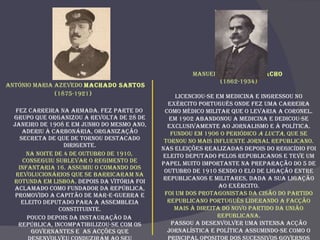 António Maria Azevedo  Machado Santos   (1875-1921) Fez carreira na Armada. Fez parte do grupo que organizou a Revolta de 28 de Janeiro de 1908 e em Junho do mesmo ano, aderiu à Carbonária, organização secreta de que de tornou destacado dirigente. Na noite de 4 de Outubro de 1910, conseguiu sublevar o regimento de Infantaria 16. Assumiu o comando dos revolucionários que se barricaram na Rotunda em Lisboa . Depois da vitória foi aclamado como fundador da República, promovido a Capitão de Mar-e-Guerra e eleito deputado para a Assembleia Constituinte. Pouco depois da instauração da República, incompatibilizou-se com os governantes e  as acções que desenvolveu conduziram ao seu assassinato em 1921. Manuel de  Brito Camacho  (1862-1934 ) Licenciou-se em medicina e ingressou no Exército Português onde fez uma carreira como médico militar que o levaria a Coronel. Em 1902 abandonou a medicina e dedicou-se exclusivamente ao jornalismo e à política.  Fundou em 1906 o periódico  A Lucta , que se tornou no mais influente jornal republicano. Nas eleições realizadas depois do regicídio foi eleito deputado pelos republicanos e teve um papel muito importante na preparação do 5 de Outubro de 1910 sendo o elo de ligação entre republicanos e militares, dada a sua ligação ao exército. Foi um dos protagonistas da cisão do Partido Republicano Português liderando a facção mais à direita do novo Partido da União Republicana . Passou a desenvolver uma intensa acção jornalística e política assumindo-se como o principal opositor dos sucessivos governos formados pelo Partido Democrático.  