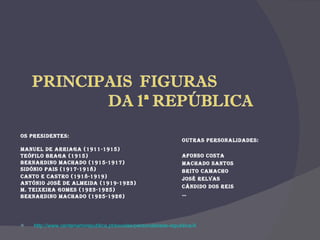 OS PRESIDENTES: Manuel de Arriaga (1911-1915) Teófilo Braga (1915) Bernardino Machado (1915-1917) Sidónio Pais (1917-1918) Canto e Castro (1918-1919) António José de Almeida (1919-1923) M. Teixeira Gomes (1923-1925) Bernardino Machado (1925-1926) http://www.centenariorepublica.pt/escolas/personalidade-republica/A OUTRAS PERSONALIDADES: Afonso Costa Machado Santos Brito Camacho José Relvas Cândido dos Reis … 