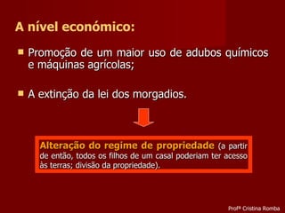 Promoção de um maior uso de adubos químicos e máquinas agrícolas; A extinção da lei dos morgadios.  A nível económico: Alteração do regime de propriedade   (a partir de então, todos os filhos de um casal poderiam ter acesso às terras; divisão da propriedade). Profª Cristina Romba 