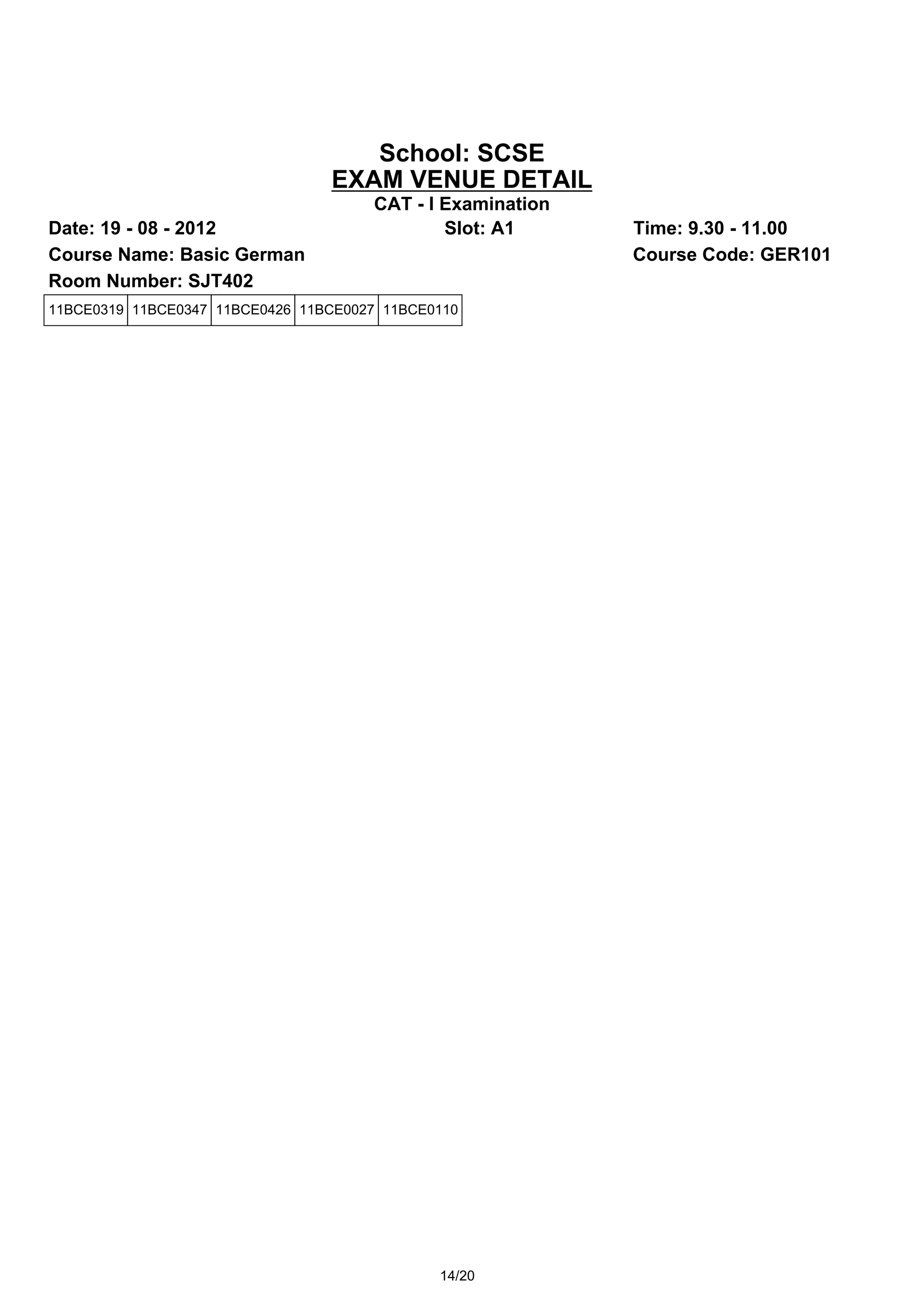 School: SCSE
                                 EXAM VENUE DETAIL
                                      CAT - I Examination
Date: 19 - 08 - 2012                          Slot: A1      Time: 9.30 - 11.00
Course Name: Basic German                                   Course Code: GER101
Room Number: SJT402
11BCE0319 11BCE0347 11BCE0426 11BCE0027 11BCE0110




                                              14/20
 