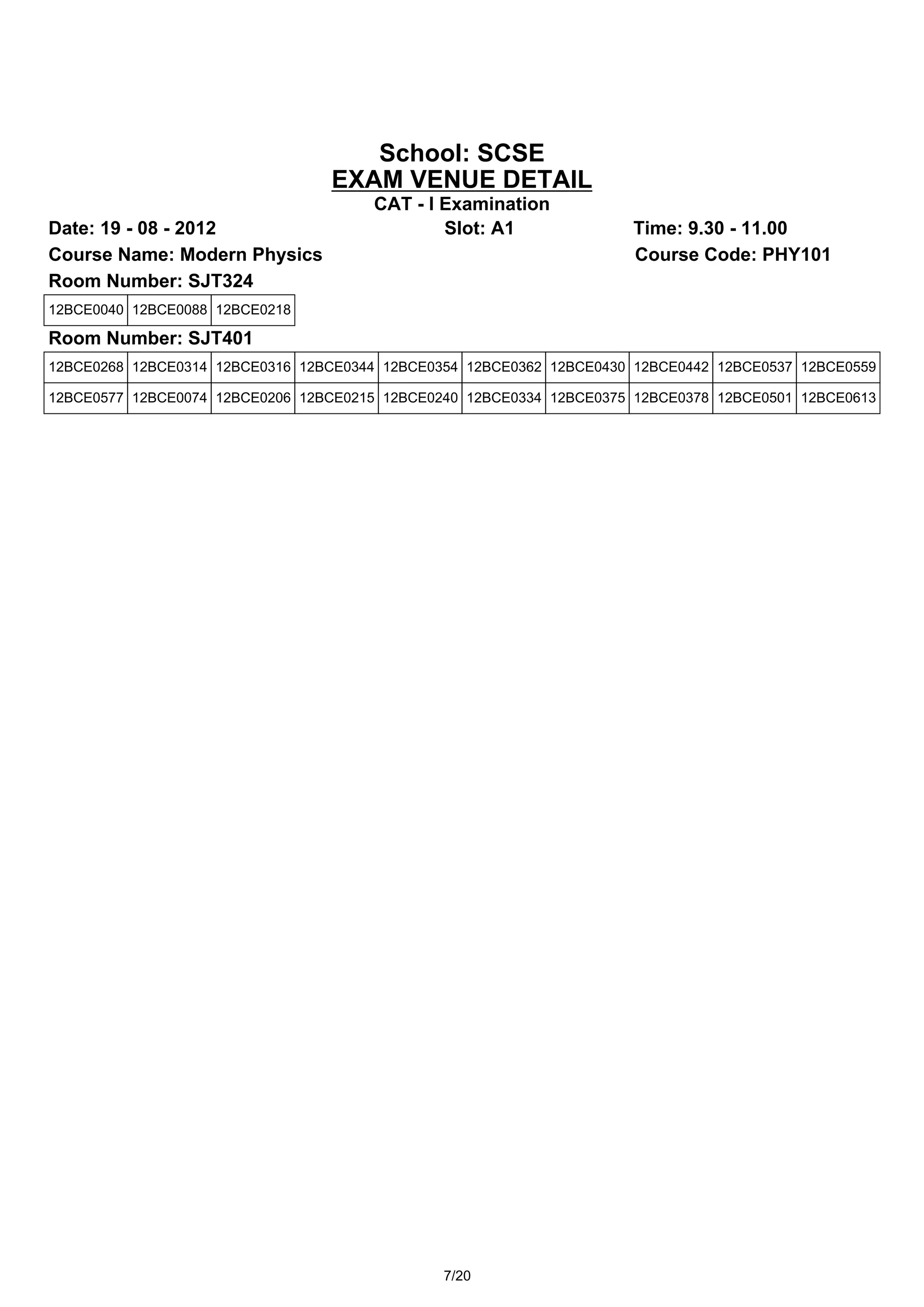School: SCSE
                                 EXAM VENUE DETAIL
                                      CAT - I Examination
Date: 19 - 08 - 2012                          Slot: A1               Time: 9.30 - 11.00
Course Name: Modern Physics                                          Course Code: PHY101
Room Number: SJT324
12BCE0040 12BCE0088 12BCE0218

Room Number: SJT401
12BCE0268 12BCE0314 12BCE0316 12BCE0344 12BCE0354 12BCE0362 12BCE0430 12BCE0442 12BCE0537 12BCE0559

12BCE0577 12BCE0074 12BCE0206 12BCE0215 12BCE0240 12BCE0334 12BCE0375 12BCE0378 12BCE0501 12BCE0613




                                               7/20
 