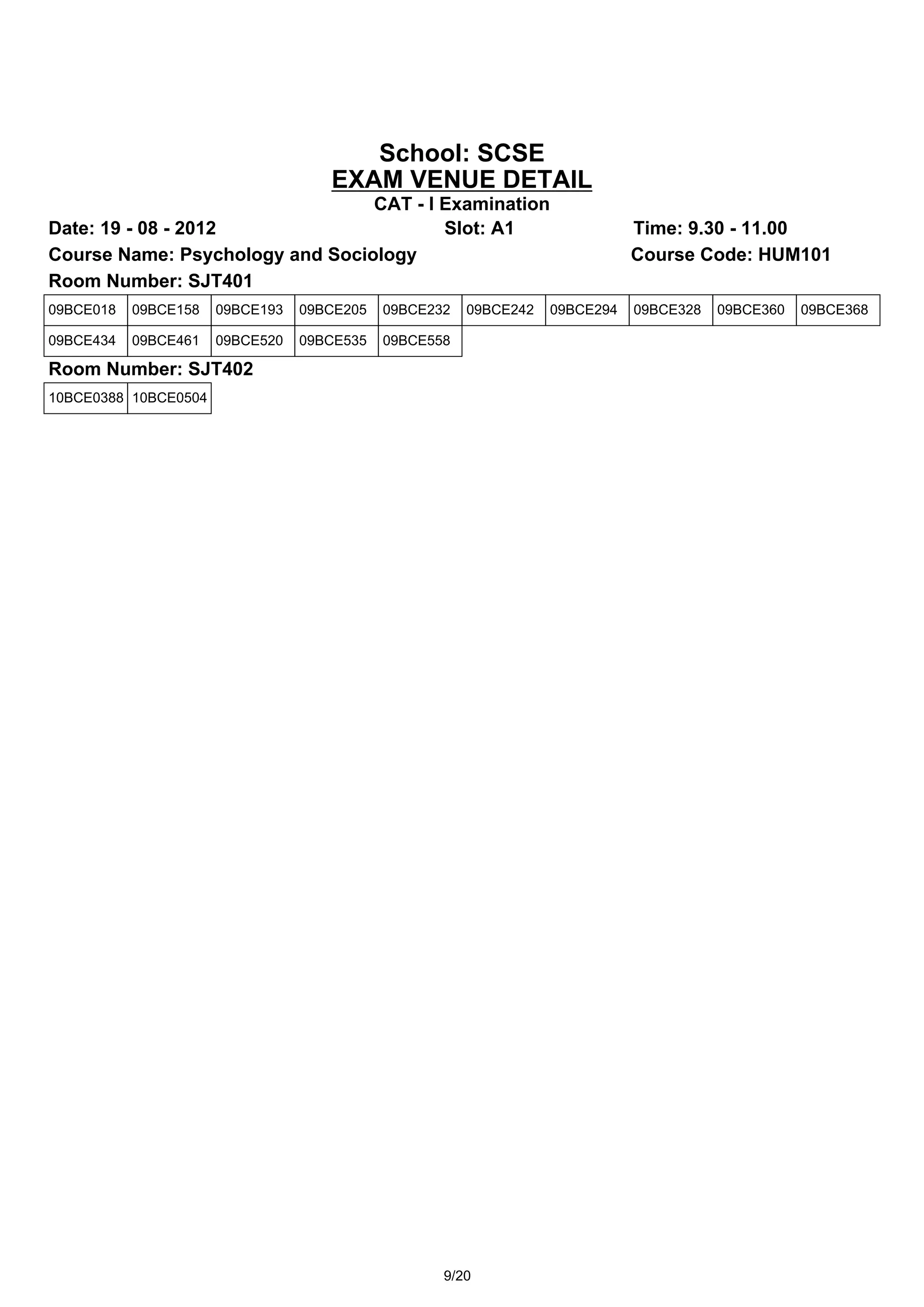 School: SCSE
                                    EXAM VENUE DETAIL
                                 CAT - I Examination
Date: 19 - 08 - 2012                     Slot: A1                            Time: 9.30 - 11.00
Course Name: Psychology and Sociology                                        Course Code: HUM101
Room Number: SJT401
09BCE018   09BCE158   09BCE193   09BCE205   09BCE232   09BCE242   09BCE294   09BCE328   09BCE360   09BCE368

09BCE434   09BCE461   09BCE520   09BCE535   09BCE558

Room Number: SJT402
10BCE0388 10BCE0504




                                                   9/20
 