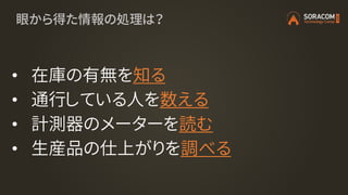 眼から得た情報の処理は？
• 在庫の有無を知る
• 通行している人を数える
• 計測器のメーターを読む
• 生産品の仕上がりを調べる
 