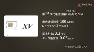 第15世代通信規格「XV」対応 SIM
最大通信速度: 100 Gbps
レイテンシ: 1 ms 以下
基本料金: 0.3 円/日
データ通信料: 0.05 円/GB
※ もちろん冗談ですよ
XV
クロス・ヴィー
 