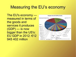 Measuring the EU’s economy
The EU's economy —
measured in terms of
the goods and
services it produces
(GDP) — is now
bigger than the US's:
EU GDP in 2012: €12
945 402 million
 