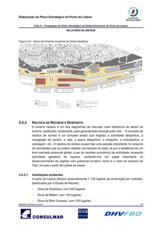 Elaboração do Plano Estratégico do Porto de Lisboa
Fase 4 – Finalização do Plano Estratégico de Desenvolvimento do Porto de Lisboa
RELATÓRIO DE SÍNTESE
Relatório Síntese vs final 52
Figura 3.9 – Novo terminal de cruzeiros de Santa Apolónia
3.4.2. NÁUTICA DE RECREIO E DESPORTO
O turismo náutico é um dos segmentos de mercado mais dinâmicos do sector do
turismo, justificado, certamente, pela generalizada atracção pelo mar. O conceito de
náutica de recreio é um conceito amplo que engloba a actividade desportiva, a
navegação de recreio, a vela, a pesca desportiva, o mergulho, a motonáutica, a
canoagem, etc.. A náutica de recreio ocupa hoje uma parcela importante no conjunto
de actividades que se podem realizar nos tempos de lazer, já que a existência de um
bom mercado potencial global, a par do carácter económico da actividade, enquanto
actividade geradora de riqueza, conferem-lhe um papel importante no
desenvolvimento de regiões com potencial turístico, como é o caso do estuário do
Tejo, no qual o porto de Lisboa se insere.
3.4.3.1. Instalações existentes
O porto de Lisboa oferece presentemente 1 130 lugares de amarração em molhado,
distribuídos por 4 Docas de Recreio:
– Doca de Alcântara, com 442 lugares.
– Doca de Belém, com 194 lugares.
– Doca do Bom Sucesso, com 163 lugares.
 
