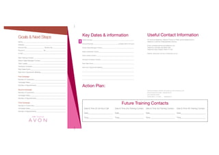 Key Dates & information
District Number_________________________________________________________
Account Number__________________________________ (emailed within 48 hours)
District Sales Manager Contact____________________________________________
Sales Leadership Contact________________________________________________
Team Leader Contact____________________________________________________
Transport Company Contact______________________________________________
Next Sales Event________________________________________________________
Next Avon Opportunity Meeting___________________________________________
______________________________________________________________________
______________________________________________________________________
______________________________________________________________________
Goals & Next Steps
Name_____________________________________________________
Address __________________________________________________
Account No._____________________Territory No.________________
Phone H:______________________ M:_________________________
e-mail_____________________________________________________
Next Training Contact ________________________________________
District Sales Manager Contact_______________________________
Team Leader_______________________________________________
Transport Company_________________________________________
Next Sales Event___________________________________________
Next Avon Opportunity Meeting_______________________________
First Campaign
Number of Customers_______________________________________
Campaign Sales____________________________________________
Number of Appointments_____________________________________
Second Campaign
Number of Customers_______________________________________
Campaign Sales____________________________________________
Number of Appointments_____________________________________
Third Campaign
Number of Customers_______________________________________
Campaign Sales____________________________________________
Number of Appointments_____________________________________
Action Plan:
Useful Contact Information
For Account Statement, Delivery, Product or Order queries please email or
telephone Customer & Representative Service:
Email: australiacustomer.service@avon.com
Telephone: Australia: (02) 9936 7555
Telephone: New Zealand: 0508 777 007
Internet: www.avon.com.au or www.avon.co.nz
Training procedures outlined in this guide are recommendations only.
© Avon Products Pty Limited ACN 008 428 457
Avon Cosmetics Limited
Part No. 06618 J.O. 5409 Updated 06/10
Date & Time 24-48 Hour Call
Date__________________________
Time__________________________
Date & Time 2nd Training Contact
Date__________________________
Time__________________________
Date & Time 3rd Training Contact
Date__________________________
Time__________________________
Date & Time 4th Training Contact
Date__________________________
Time__________________________
Future Training Contacts
 