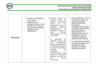 UNIVERSIDAD TECNOLÓGICA DEL ESTADO DE ZACATECAS
UNIDAD ACADÉMICA DE PINOS
TECNOLOGÍAS DE LA INFORMACIÓN Y COMUNICACIÓN
Desventajas
• Distrae a los empleados
en su trabajo.
• Dependencia de
procesos. Si hay un corte
de internet, hay muchos
procesos que se quedan
varados por esa
dependencia.
• Extranets puede ser
costoso poner en
ejecución y mantener
dentro de una
organización (e.g.: el
hardware, software,
entrenamiento de
empleado cuesta) - si
está recibido
internamente en vez
vía de ASP.
•
La seguridad de
extranets puede ser
una preocupación
grande al ocuparse de
la información valiosa.
El acceso del sistema
necesita ser
controlado
cuidadosamente para
evitar la información
sensible que baja en
las manos
incorrectas.
• No se puede decir: “vamos
a ponerla en marcha, ya
se le sacará partido”.
Muchas Intranet bien
construidas
tecnológicamente resultan
un fracaso. Con frecuencia
vemos información
desactualizada, mal
gestionada por que no se
ha elegido el vehículo
apropiado o porque los
boletines están inactivos.
• Los aspectos de seguridad
son muy importantes. Las
intranets son redes
expuestas a notables
riesgos de seguridad.
 