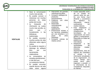 UNIVERSIDAD TECNONOLÓGICA DEL ESTADO DE ZACATECAS
UNIDAD ACADÉMICA DE PINOS
TECNOLOGÍAS DE LA INFORMACIÓN Y COMUNICACIÓN
VENTAJAS
 Hace la comunicación
mucho más sencilla.
 Es posible conocer e
interactuar con muchas
personas de todas
partes del mundo.
 La búsqueda de
información se vuelve
mucho más sencilla, sin
tener que ir
forzadamente a las
bibliotecas
tradicionales.
 Es posible encontrar
muchos puntos de vista
diferentes sobre alguna
noticia.
 Es posible la creación y
descarga de software
libre, por sus
herramientas
colaborativas.
 La computadora se
actualiza periódicament
e más fácil que si
no tuviéramos Internet.
 Es posible encontrar
soporte técnico de toda
clase sobre alguna
 Intercambio de grandes
volúmenes de datos.
 Compartir catálogos de
productos
exclusivamente.
 Colaborar con otras
empresas.
 Desarrollar
conjuntamente
programas de
capacitación.
 Proporcionar acceso a
los servicios prestados
por una empresa a un
grupo de otras
empresas.
 Compartir noticias de
interés común.
 Costes asequible, tanto
de su puesta en
marcha como de uso.
Es una forma muy
eficiente y económica
de distribuir la
información interna,
sustituyendo los
medios clásicos.
 Fácil adaptación y
configuración a la
infraestructura
tecnológica de la
organización, así como
gestión y manipulación.
Disponible en todas las
plataformas
informáticas.
 Adaptación a las
necesidades de
diferentes niveles:
empresa,
departamento, área de
negocio, etc. Centraliza
el acceso a la
información actualizada
de la organización, al
mismo tiempo que
puede servir para
organizar y acceder a
la información de la
competencia dispuesta
en internet.
 