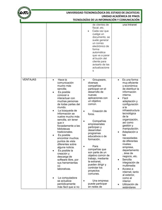 UNIVERSIDAD TECNONOLÓGICA DEL ESTADO DE ZACATECAS
UNIDAD ACADÉMICA DE PINOS
TECNOLOGÍAS DE LA INFORMACIÓN Y COMUNICACIÓN
de clientes de
fiscal..etc.
 Cada vez que
cuelga un
documento, se
suele generar
un correo
electrónico de
forma
automática
que va a parar
al buzón del
cliente para
avisarlo de las
actualizacione
s
una Intranet
VENTAJAS  Hace la
comunicación
mucho más
sencilla.
 Es posible
conocer e
interactuar con
muchas personas
de todas partes del
mundo.
 La búsqueda de
información se
vuelve mucho más
sencilla, sin tener
que ir
forzadamente a las
bibliotecas
tradicionales.
 Es posible
encontrar muchos
puntos de vista
diferentes sobre
alguna noticia.
 Es posible la
creación y
descarga de
software libre, por
sus herramientas
co
laborativas.
 La computadora
se actualiza
periódicamente
más fácil que si no
 Groupware,
diversas
compañías
participan en el
desarrollo de
nuevas
aplicaciones con
un objetivo
común.
 Creación de
foros.
 Compañías
empresariales
participan y
desarrollan
programas
educativos o de
formación.
 Para
compañías que
son parte de un
objetivo común de
trabajo, mediante
la extranet,
pueden dirigir y
controlar los
proyectos
comunes.
 Una empresa
puede participar
en redes de
 Es una forma
muy eficiente
y económica
de distribuir la
información
interna.
 Fácil
adaptación y
configuración
a la
infraestructura
tecnológica
de la
organización,
así como
gestión y
manipulación.
 Adaptación a
las
necesidades
de diferentes
niveles:
empresa,
departamento
, área de
negocio, etc.
 Sencilla
integración de
multimedia
 Acceso a
internet, tanto
al exterior,
como al
interior.
 Utilización de
estándares
 