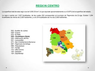 REGIÓN CENTRO

La superficie total de esta región es de 5,505.35 km2, lo que equivale aproximadamente a un 6.87% de la superficie del estado.

La región cuenta con 1,637 localidades, de las cuales 252 corresponden al municipio de Tlajomulco de Zúñiga. Existen 1,254
localidades de menos de 2,500 habitantes, y sólo 54 localidades de más de 2,500 habitantes .




            002 - Acatlán de Juárez
            029 - Cuquío
            070 - El Salto
            039 – Guadalajara (Sede)
            045 - Ixtlahuacán del Río
            051 - Juanacatlán
            071 - San Cristóbal de la Barranca
            097 - Tlajomulco de Zúñiga
            098 - Tlaquepaque
            101 - Tonalá
            114 - Villa Corona
            120 - Zapopan
            124 - Zapotlanejo
 