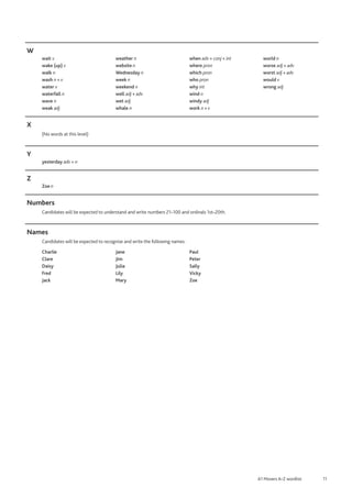 11
A1 Movers A–Z wordlist
W
wait v
wake (up) v
walk n
wash n + v
water v
waterfall n
wave n
weak adj
weather n
website n
Wednesday n
week n
weekend n
well adj + adv
wet adj
whale n
when adv + conj + int
where pron
which pron
who pron
why int
wind n
windy adj
work n + v
world n
worse adj + adv
worst adj + adv
would v
wrong adj
X
(No words at this level)
Y
yesterday adv + n
Z
Zoe n
Numbers
Candidates will be expected to understand and write numbers 21–100 and ordinals 1st–20th.
Names
Candidates will be expected to recognise and write the following names:
Charlie
Clare
Daisy
Fred
Jack
Jane
Jim
Julia
Lily
Mary
Paul
Peter
Sally
Vicky
Zoe
 