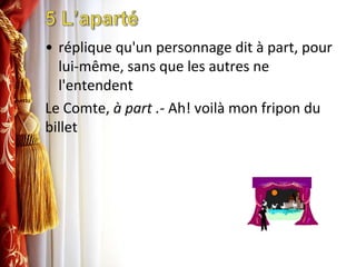 5 L’apartéréplique qu'un personnage dit à part, pour lui-même, sans que les autres ne l'entendentLe Comte, à part .- Ah! voilà mon fripon du billet