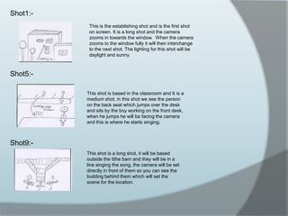 Shot1:-Shot5:-Shot9:-This is the establishing shot and is the first shot on screen. It is a long shot and the camera zooms in towards the window.  When the camera zooms to the window fully it will then interchange to the next shot. The lighting for this shot will be daylight and sunny.This shot is based in the classroom and It is a medium shot, in this shot we see the person on the back seat which jumps over the desk and sits by the boy working on the front desk, when he jumps he will be facing the camera and this is where he starts singing.This shot is a long shot, it will be based outside the tithe barn and they will be in a line singing the song, the camera will be set directly in front of them so you can see the building behind them which will set the scene for the location.