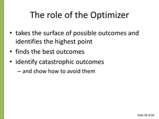 The role of the Optimizer
• takes the surface of possible outcomes and
identifies the highest point
• finds the best outco...