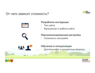 От чего зависит стоимость? 
Разработка инструкции 
• Тип сайта 
• Функционал и работа сайта 
Персонализированная настройка 
• Сложность настройки 
Обучение и консультации 
• Длительность и конкретные вопросы 
 
