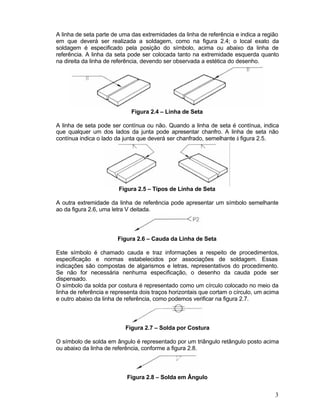 3
A linha de seta parte de uma das extremidades da linha de referência e indica a região
em que deverá ser realizada a soldagem, como na figura 2.4; o local exato da
soldagem é especificado pela posição do símbolo, acima ou abaixo da linha de
referência. A linha da seta pode ser colocada tanto na extremidade esquerda quanto
na direita da linha de referência, devendo ser observada a estética do desenho.
Figura 2.4 – Linha de Seta
A linha de seta pode ser contínua ou não. Quando a linha de seta é contínua, indica
que qualquer um dos lados da junta pode apresentar chanfro. A linha de seta não
contínua indica o lado da junta que deverá ser chanfrado, semelhante à figura 2.5.
Figura 2.5 – Tipos de Linha de Seta
A outra extremidade da linha de referência pode apresentar um símbolo semelhante
ao da figura 2.6, uma letra V deitada.
Figura 2.6 – Cauda da Linha de Seta
Este símbolo é chamado cauda e traz informações a respeito de procedimentos,
especificação e normas estabelecidos por associações de soldagem. Essas
indicações são compostas de algarismos e letras, representativos do procedimento.
Se não for necessária nenhuma especificação, o desenho da cauda pode ser
dispensado.
O símbolo da solda por costura é representado como um círculo colocado no meio da
linha de referência e representa dois traços horizontais que cortam o círculo, um acima
e outro abaixo da linha de referência, como podemos verificar na figura 2.7.
Figura 2.7 – Solda por Costura
O símbolo de solda em ângulo é representado por um triângulo retângulo posto acima
ou abaixo da linha de referência, conforme a figura 2.8.
Figura 2.8 – Solda em Ângulo
 