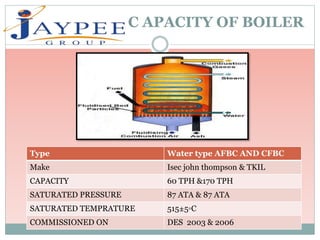 C APACITY OF BOILER
Type Water type AFBC AND CFBC
Make Isec john thompson & TKIL
CAPACITY 60 TPH &170 TPH
SATURATED PRESSURE 87 ATA & 87 ATA
SATURATED TEMPRATURE 515±5◦C
COMMISSIONED ON DES 2003 & 2006
 