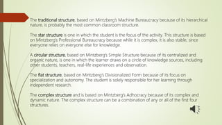 The traditional structure, based on Mintzberg’s Machine Bureaucracy because of its hierarchical
nature, is probably the most common classroom structure.
The star structure is one in which the student is the focus of the activity. This structure is based
on Mintzberg’s Professional Bureaucracy because while it is complex, it is also stable, since
everyone relies on everyone else for knowledge.
A circular structure, based on Mintzberg’s Simple Structure because of its centralized and
organic nature, is one in which the learner draws on a circle of knowledge sources, including
other students, teachers, real-life experiences and observation.
The flat structure, based on Mintzberg’s Divisionalized Form because of its focus on
specialization and autonomy. The student is solely responsible for her learning through
independent research.
The complex structure and is based on Mintzberg’s Adhocracy because of its complex and
dynamic nature. The complex structure can be a combination of any or all of the first four
structures.
 