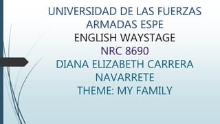 UNIVERSIDAD DE LAS FUERZAS
ARMADAS ESPE
ENGLISH WAYSTAGE
NRC 8690
DIANA ELIZABETH CARRERA
NAVARRETE
THEME: MY FAMILY
 