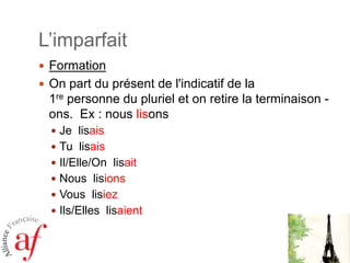L’imparfait
 Formation
 On part du présent de l'indicatif de la

1re personne du pluriel et on retire la terminaison ons. Ex : nous lisons
 Je lisais
 Tu lisais
 Il/Elle/On lisait
 Nous lisions
 Vous lisiez

 Ils/Elles lisaient

 