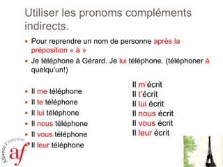Utiliser les pronoms compléments
indirects.
 Pour reprendre un nom de personne après la

préposition « à »
 Je téléphone à Gérard. Je lui téléphone. (téléphoner à
quelqu’un!)
 Il me téléphone
 Il te téléphone
 Il lui téléphone
 Il nous téléphone

 Il vous téléphone
 Il leur téléphone

Il m’écrit
Il t’écrit
Il lui écrit
Il nous écrit
Il vous écrit
Il leur écrit

 