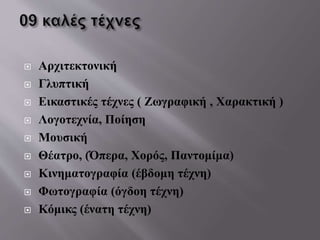  Αρχιτεκτονική
 Γλυπτική
 Εικαστικές τέχνες ( Ζωγραφική , Χαρακτική )
 Λογοτεχνία, Ποίηση
 Μουσική
 Θέατρο, (Όπερα, Χορός, Παντομίμα)
 Κινηματογραφία (έβδομη τέχνη)
 Φωτογραφία (όγδοη τέχνη)
 Κόμικς (ένατη τέχνη)
 