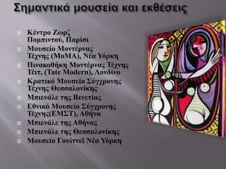  Κέντρο Ζωρζ
Πομπιντού, Παρίσι
 Μουσείο Μοντέρνας
Τέχνης (MoMA), Νέα Υόρκη
 Πινακοθήκη Μοντέρνας Τέχνης
Τέιτ, (Tate Modern), Λονδίνο
 Κρατικό Μουσείο Σύγχρονης
Τέχνης Θεσσαλονίκης
 Μπιενάλε της Βενετίας
 Εθνικό Μουσείο Σύγχρονης
Τέχνης(ΕΜΣΤ), Αθήνα
 Μπιενάλε της Αθήνας
 Μπιενάλε της Θεσσαλονίκης
 Μουσείο Γουίτνεϊ Νέα Υόρκη
 