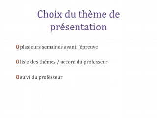 0 plusieurs semaines avant l’épreuve
0 liste des thèmes / accord du professeur
0 suivi du professeur
 