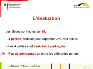 16Seite:
Les élèves sont notés sur 96.
- 4 parties, chacune peut rapporter 25% des points.
- Les 4 parties sont évaluées à part égale.
- Pas de compensation entre les différentes parties
J. MaccariniJ. Maccarini – A. Berton – J.M. Dubois
L‘évaluation
 