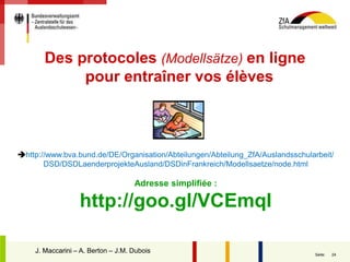 24Seite:
http://www.bva.bund.de/DE/Organisation/Abteilungen/Abteilung_ZfA/Auslandsschularbeit/
DSD/DSDLaenderprojekteAusland/DSDinFrankreich/Modellsaetze/node.html
Adresse simplifiée :
http://goo.gl/VCEmqI
J. MaccariniJ. Maccarini – A. Berton – J.M. Dubois
Des protocoles (Modellsätze) en ligne
pour entraîner vos élèves
 