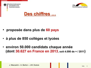 6Seite:
Des chiffres …
• proposée dans plus de 60 pays
• à plus de 850 collèges et lycées
• environ 50.000 candidats chaque année
(dont 30.627 en France en 2013, soit 4.090 de + / 2011)
J. MaccariniJ. Maccarini – A. Berton – J.M. Dubois
 