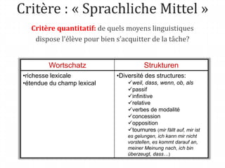 Critère : « Sprachliche Mittel »
Critère quantitatif: de quels moyens linguistiques
dispose l’élève pour bien s’acquitter de la tâche?
Wortschatz Strukturen
•richesse lexicale
•étendue du champ lexical
•Diversité des structures:
weil, dass, wenn, ob, als
passif
infinitive
relative
verbes de modalité
concession
opposition
tournures (mir fällt auf, mir ist
es gelungen, ich kann mir nicht
vorstellen, es kommt darauf an,
meiner Meinung nach, ich bin
überzeugt, dass…)
 