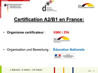 12Seite:
Certification A2/B1 en France:
• Organisme certificateur : KMK / ZfA
• Organisation und Bewertung : Éducation Nationale
J. MaccariniJ. Maccarini – A. Berton – J.M. Dubois
 