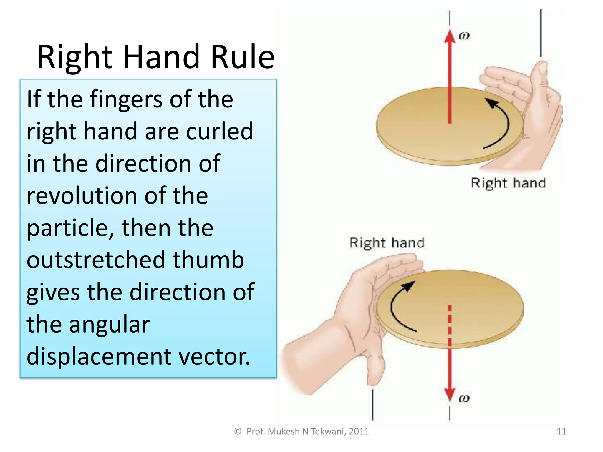 Right Hand Rule
© Prof. Mukesh N Tekwani, 2011 11
If the fingers of the
right hand are curled
in the direction of
revolution of the
particle, then the
outstretched thumb
gives the direction of
the angular
displacement vector.
 